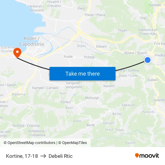 Kortine, 17-18 to Debeli Rtic map