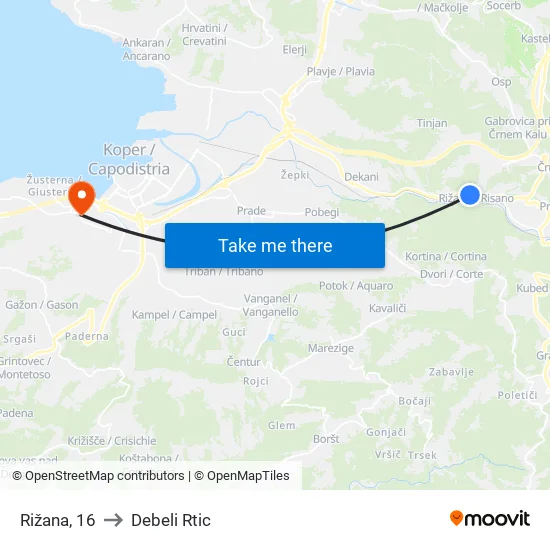 Rižana, 16 to Debeli Rtic map
