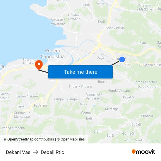 Dekani  Vas to Debeli Rtic map