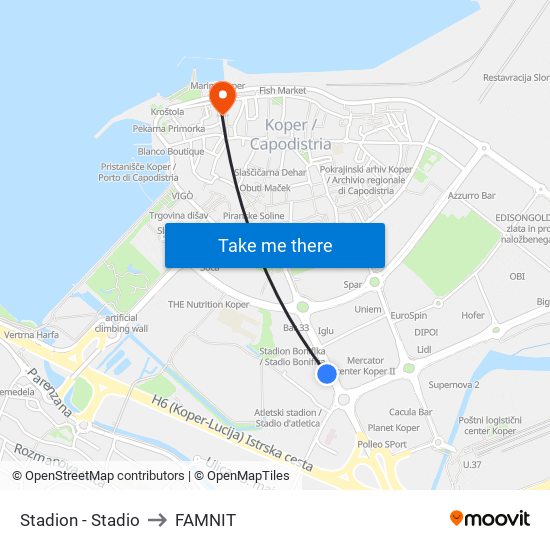 Stadion - Stadio to FAMNIT map