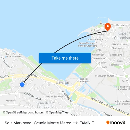 Šola Markovec - Scuola Monte Marco to FAMNIT map