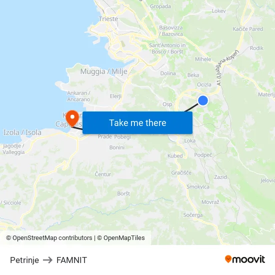 Petrinje to FAMNIT map