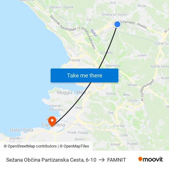 Sežana Občina Partizanska Cesta, 6-10 to FAMNIT map