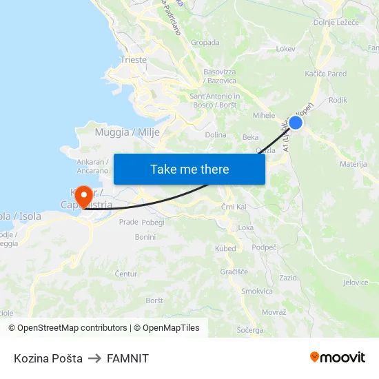 Kozina Pošta to FAMNIT map