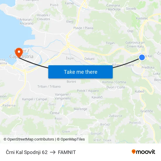 Črni Kal Spodnji 62 to FAMNIT map
