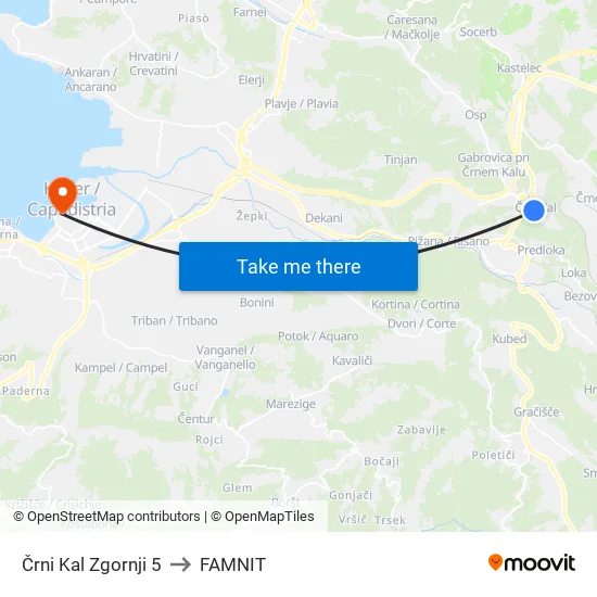 Črni Kal Zgornji 5 to FAMNIT map