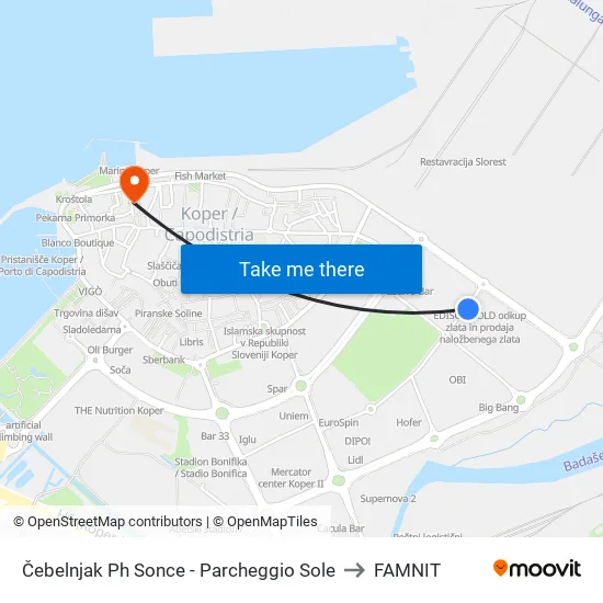 Čebelnjak Ph Sonce - Parcheggio Sole to FAMNIT map