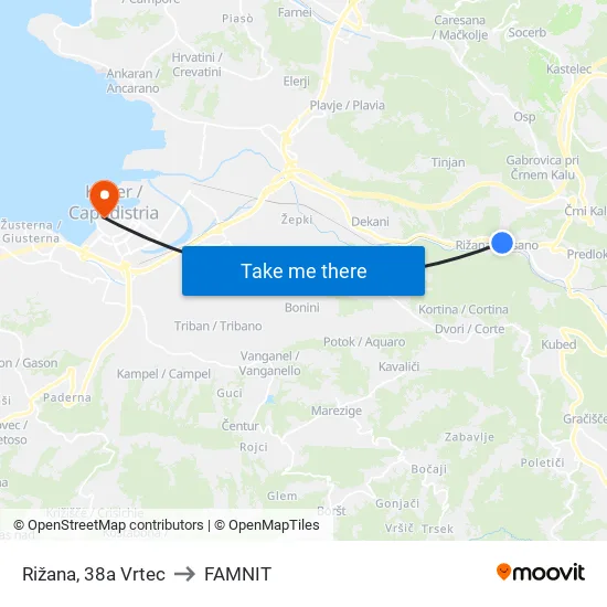 Rižana, 38a Vrtec to FAMNIT map