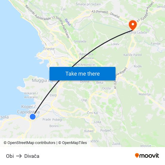 Obi - Koper to Divača map