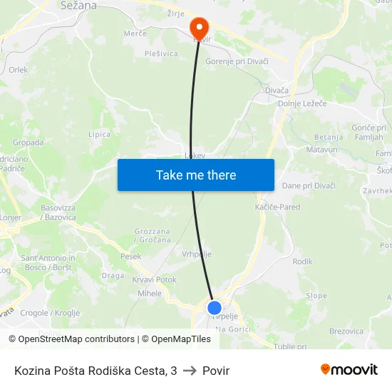 Kozina Pošta Rodiška Cesta, 3 to Povir map