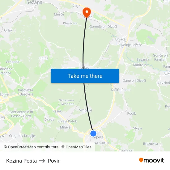 Kozina Pošta to Povir map