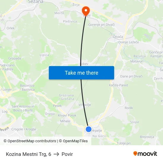 Kozina Mestni Trg, 6 to Povir map