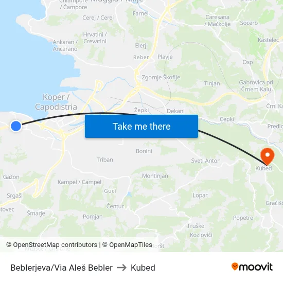 Beblerjeva/Via Aleš Bebler to Kubed map