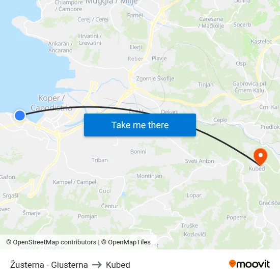 Žusterna - Giusterna to Kubed map