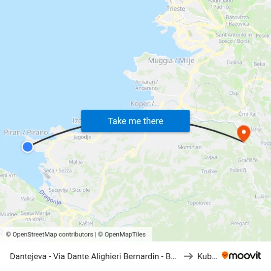 Dantejeva - Via Dante Alighieri  Bernardin - Bernardino to Kubed map