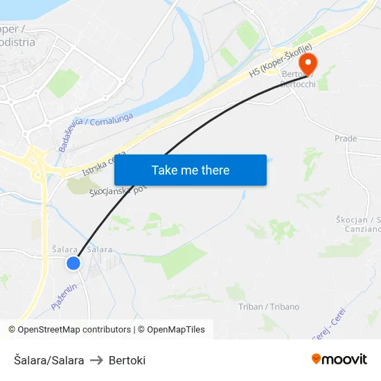 Šalara/Salara to Bertoki map