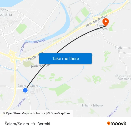 Šalara/Salara to Bertoki map
