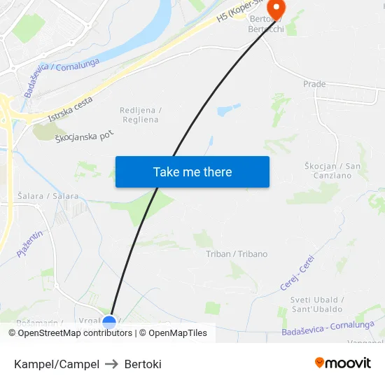 Kampel/Campel to Bertoki map