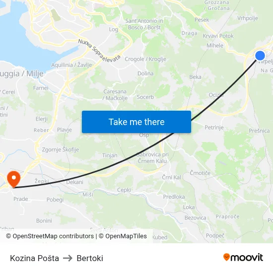 Kozina Pošta to Bertoki map