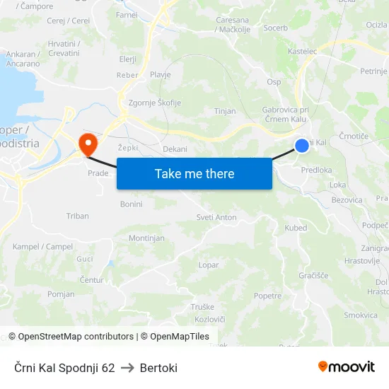 Črni Kal Spodnji 62 to Bertoki map
