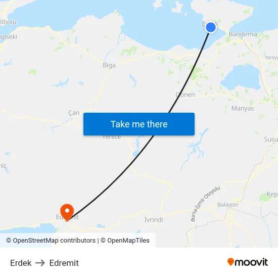 Erdek to Edremit map
