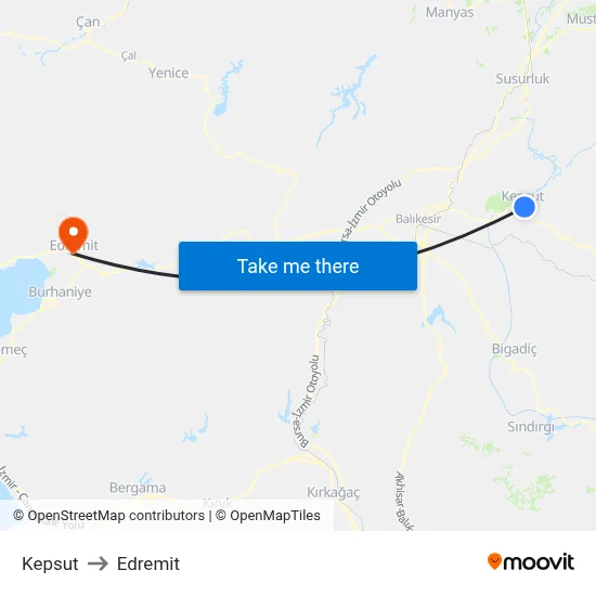 Kepsut to Edremit map
