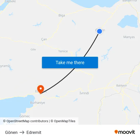Gönen to Edremit map