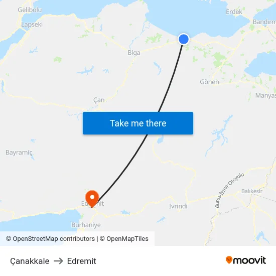 Çanakkale to Edremit map