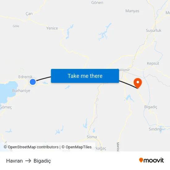 Havran to Bigadiç map