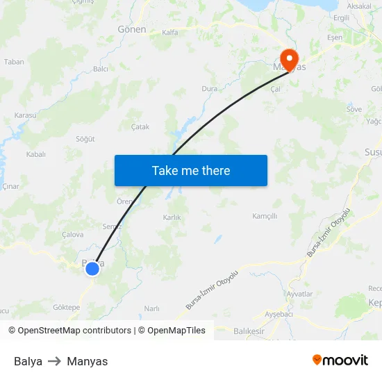 Balya to Manyas map