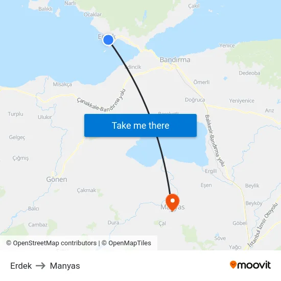 Erdek to Manyas map