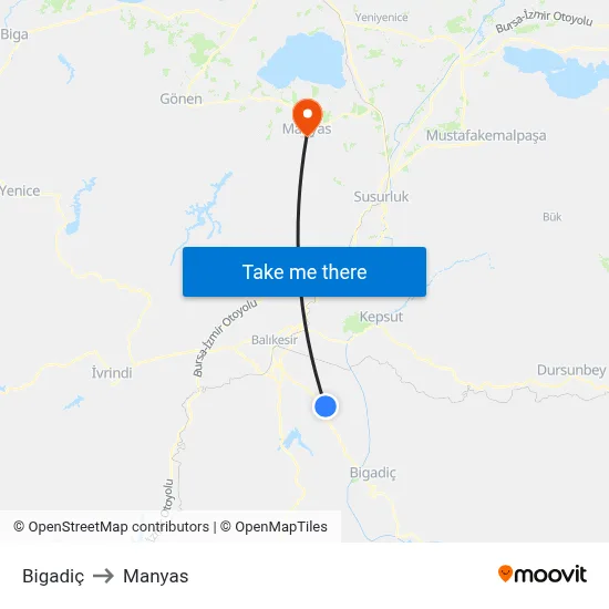 Bigadiç to Manyas map