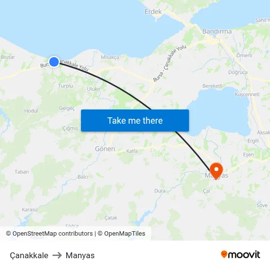 Çanakkale to Manyas map