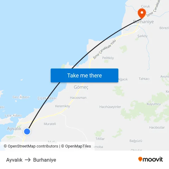 Ayvalık to Burhaniye map