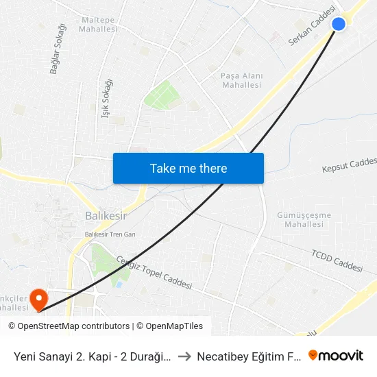 Yeni Sanayi 2. Kapi - 2 Duraği ( 5 Camli ) to Necatibey Eğitim Fakultesi map