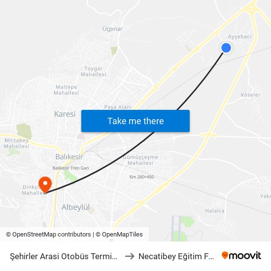 Şehirler Arasi Otobüs Terminal Duraği to Necatibey Eğitim Fakultesi map