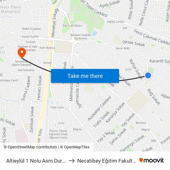 Altieylül 1 Nolu Asm Duraği to Necatibey Eğitim Fakultesi map