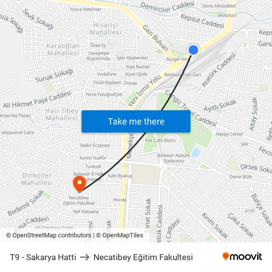 T9 - Sakarya Hatti to Necatibey Eğitim Fakultesi map