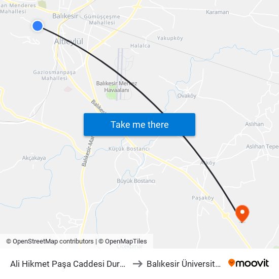 Ali Hikmet Paşa Caddesi Duraği to Balıkesir Üniversitesi map