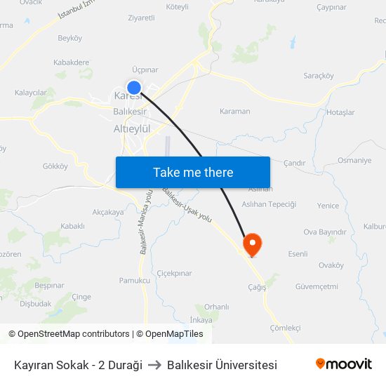 Kayıran Sokak - 2 Duraği to Balıkesir Üniversitesi map
