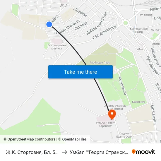 Ж.К. Сторгозия, Бл. 51 / Storgoziya Qtr, 51 Bl to Умбал ""Георги Странски"" Втора Клинична База map