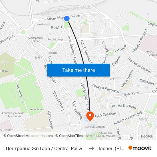 Централна Жп Гара / Central Railway Station to Плевен (Pleven) map