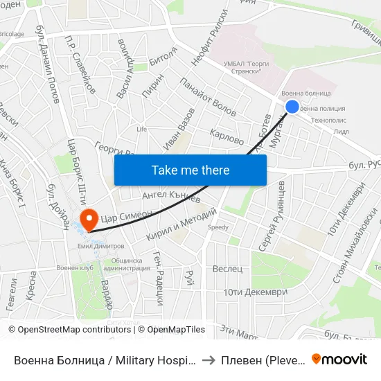 Военна Болница / Military Hospital to Плевен (Pleven) map