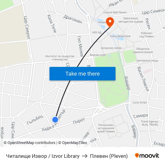 Читалище Извор / Izvor Library to Плевен (Pleven) map