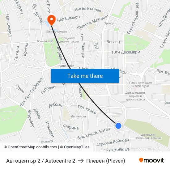 Автоцентър 2 / Autocentre 2 to Плевен (Pleven) map