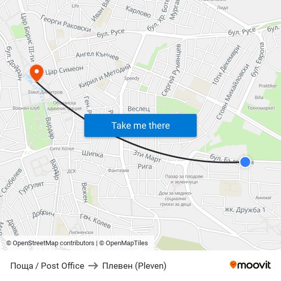 Поща / Post Office to Плевен (Pleven) map