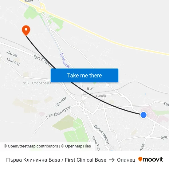 Първа Клинична База / First Clinical Base to Опанец map