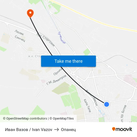 Иван Вазов / Ivan Vazov to Опанец map