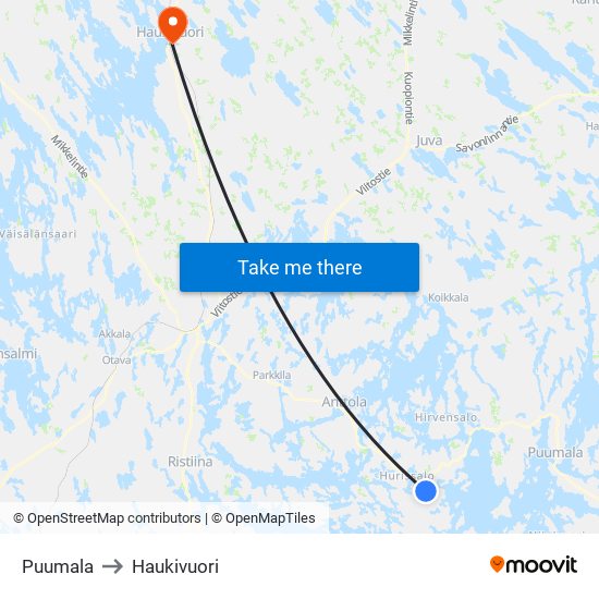 Puumala to Haukivuori map