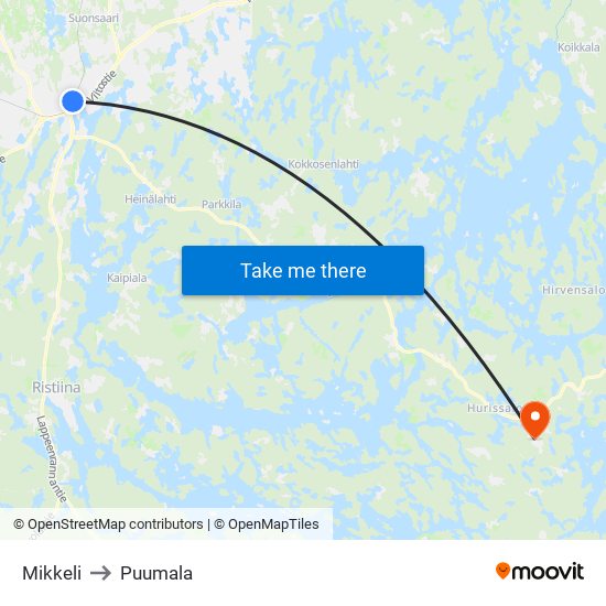 Mikkeli to Puumala map